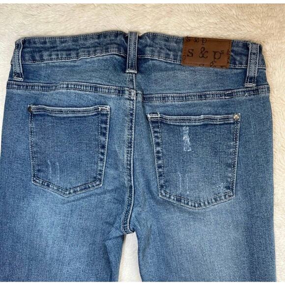 Standards and Practices Distressed Holey Bell Bottom Flare Blue Jeans - Picture 5 of 11